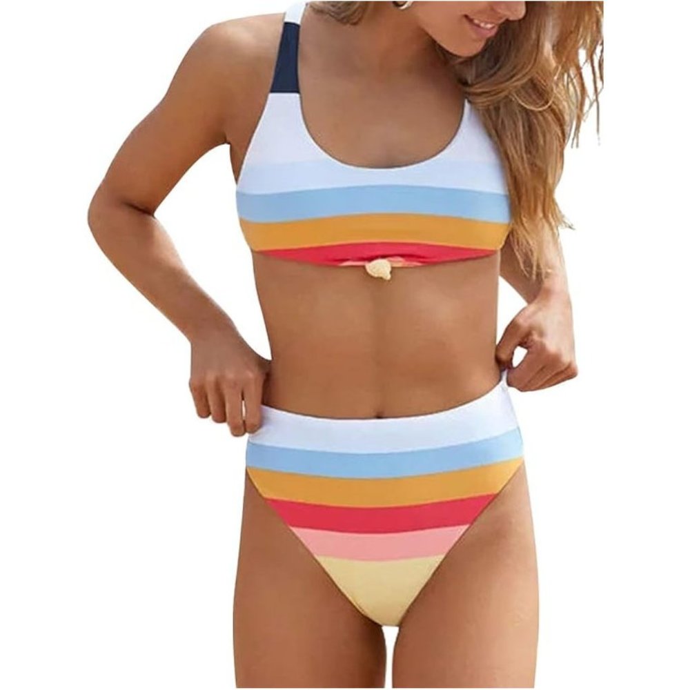 NEW! Women's MEDIUM High Waisted 2-Piece Swimsuit Tie-Knot Crop Top Bikini
